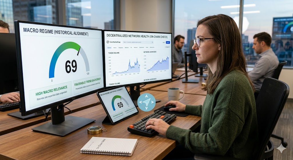 A female analyst working at a desk looks at dual computer monitors displaying a 69% macro relevance gauge and decentralized network health charts.