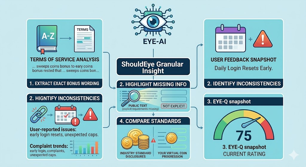 A simplified infographic showing how the ShouldEye platform uses AI analysis to track terms of service, user inconsistencies, missing info, and coin standards, complete with a colorful gauge dashboard rating.