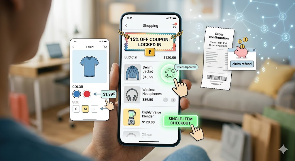 An infographic-style visualization illustrating four key strategies for consumers to stabilize e-commerce pricing, including refreshing the cart, locking prices with coupons, purchasing high-value items individually, and monitoring product attribute changes.