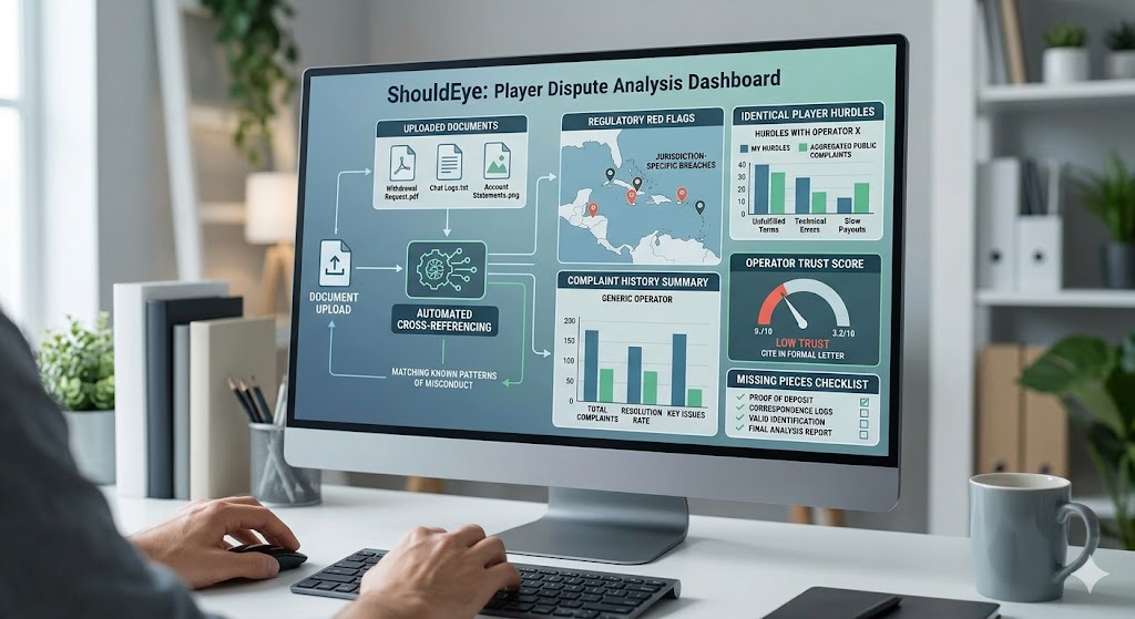 An interactive digital dashboard on a computer screen illustrates how "ShouldEye" aggregates public data and user-uploaded documents
