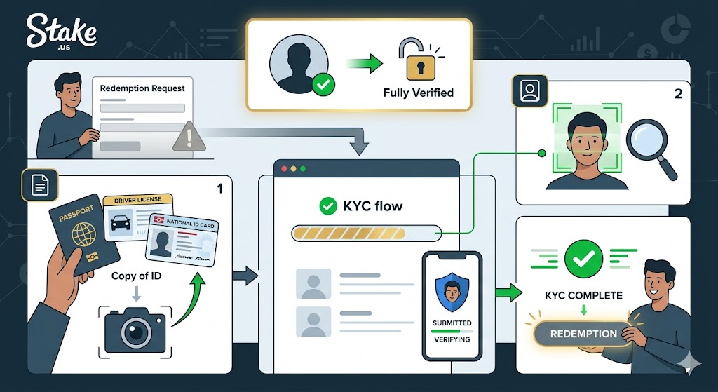An infographic outlining the Stake.us account verification process, showing the steps required for a redemption request, including submitting a copy of a government ID, taking a live selfie, and completing the KYC flow.