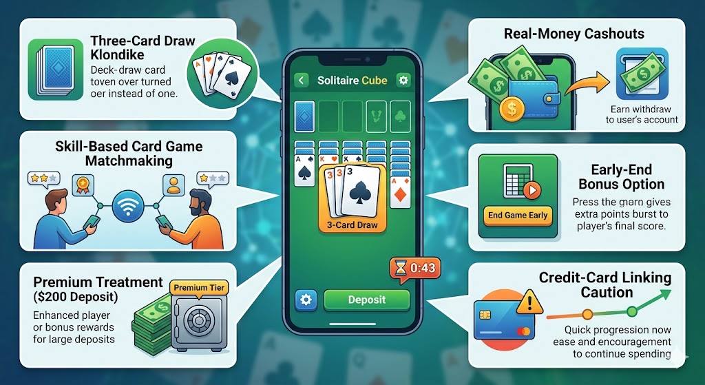 An infographic breakdown of Solitaire Cube features, showing a mobile gameplay screen surrounded by labeled callouts for mechanics like 3-card draw, skill-based matchmaking, cashouts, and user deposit warnings.