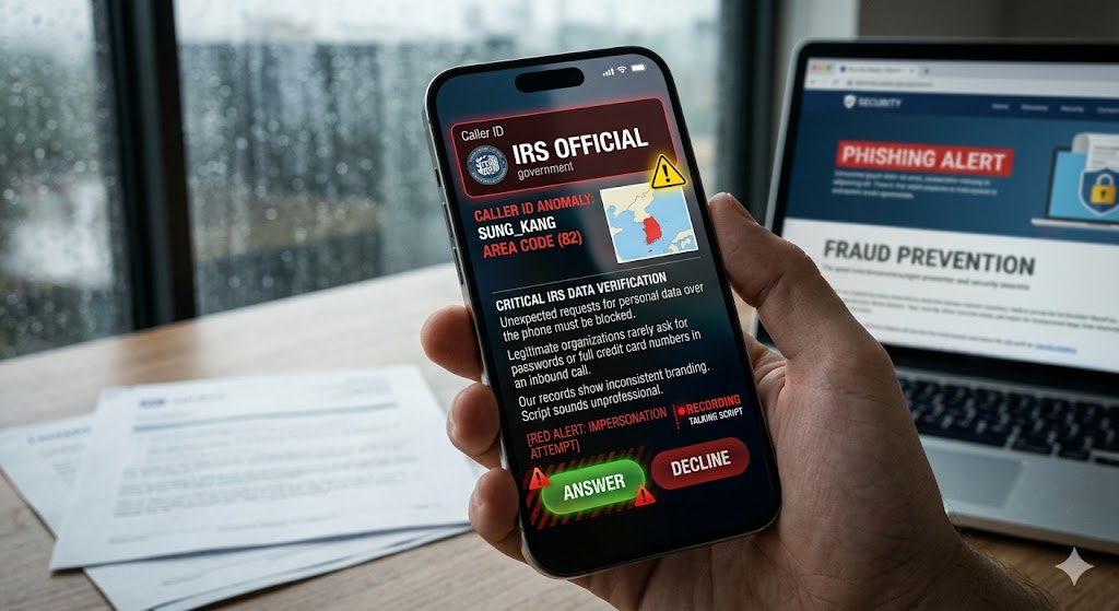 A hand holds a smartphone displaying a scam "IRS OFFICIAL" call with multiple red warnings, positioned on a desk in a rainy office alongside a laptop alerting to "PHISHING" and "FRAUD PREVENTION".