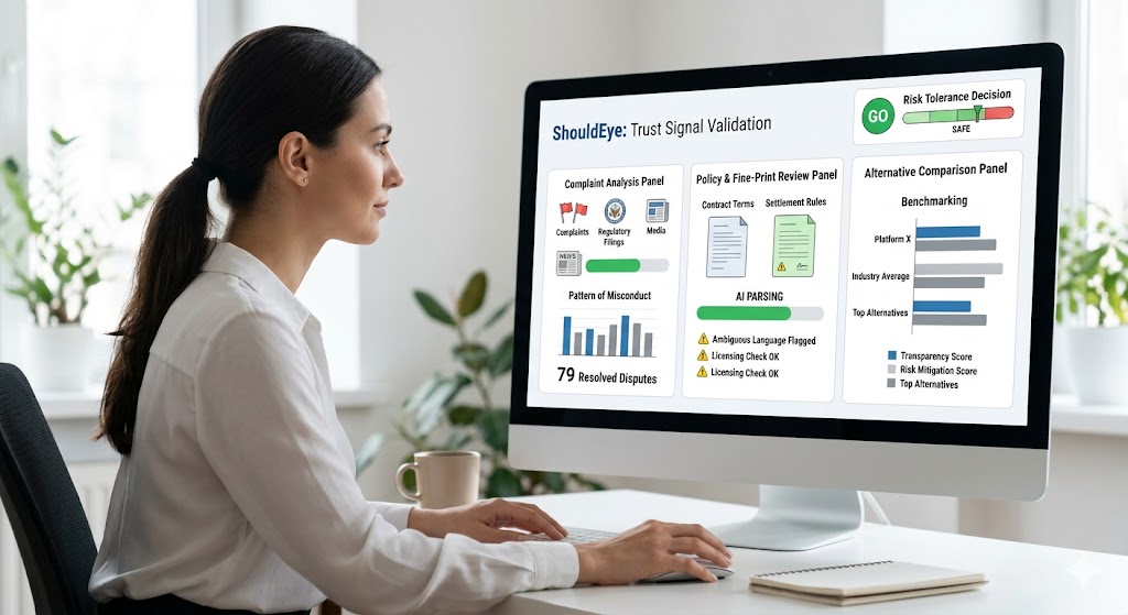A woman sits at a white desk in a light-filled room, focused on a computer monitor displaying the "ShouldEye: Trust Signal Validation" dashboard, which shows analysis and comparison data with a "SAFE" risk indicator
