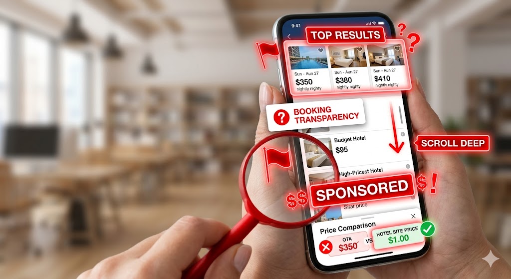 A close-up photograph of hands holding a smartphone, with red glowing labels, arrows, and question marks pointing out "red flag" signals in a hotel booking app, including high-priced top results, "Sponsored" listings, and a price comparison error.