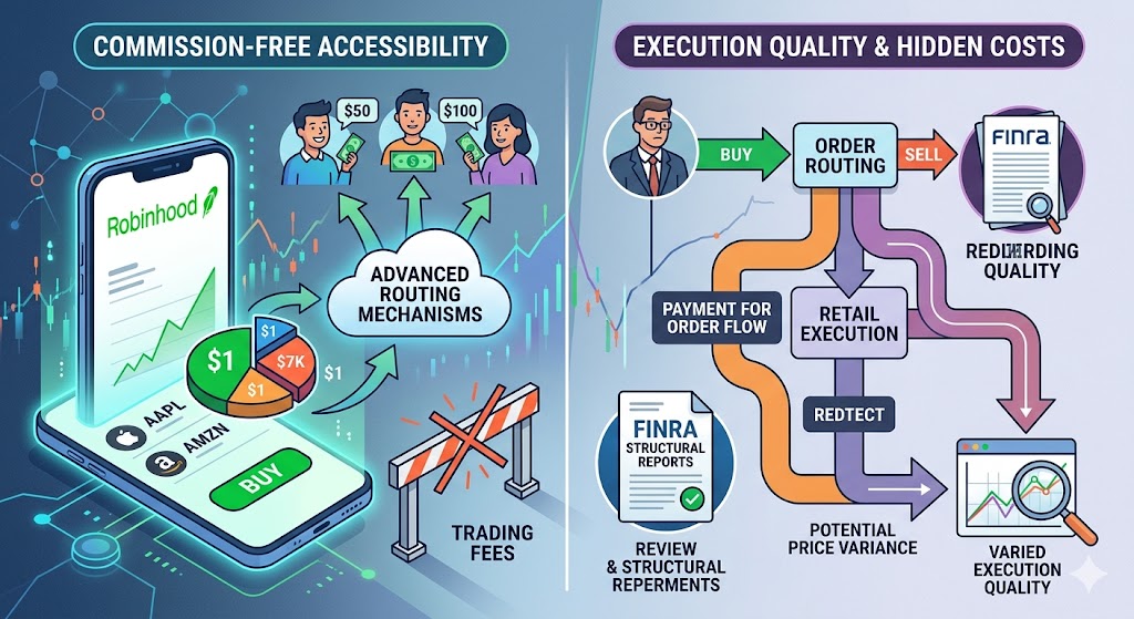 An infographic contrasting the accessible side of commission-free stock trading on a smartphone with a diagram illustrating the hidden complexities of order routing, payment for order flow, and execution quality.