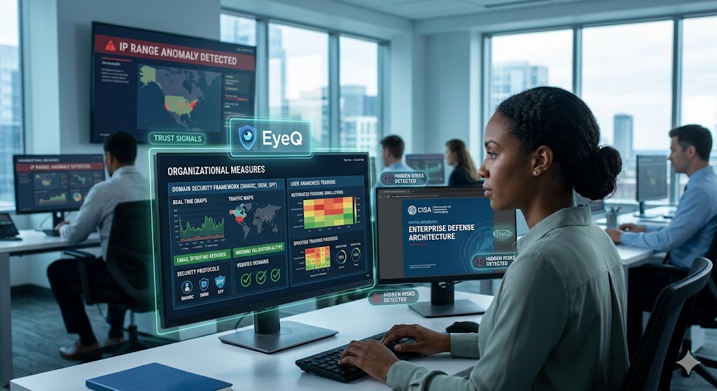 An IT professional works at a complex multi-monitor workstation displaying cybersecurity dashboards,