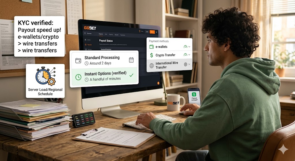 A young man sits at a desk looking at a computer screen displaying various withdrawal timeframes and payment methods, with visual overlays illustrating factors like KYC verification and server load.
