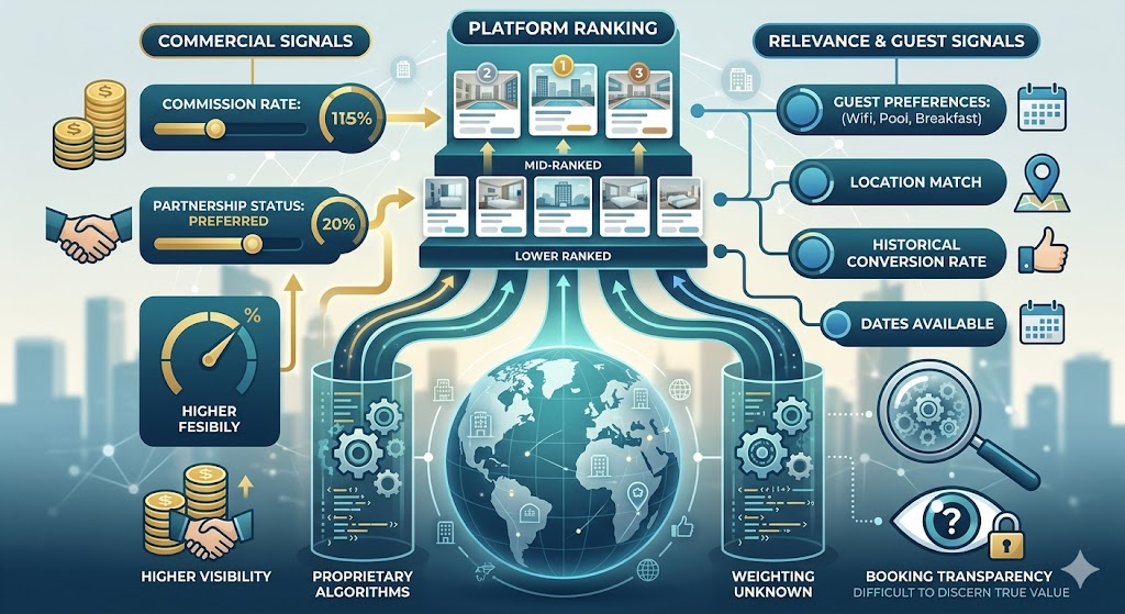 A detailed infographic visually illustrating the complex interplay between proprietary algorithms, commercial signals, and relevance factors that determine hotel rankings on online booking platforms.