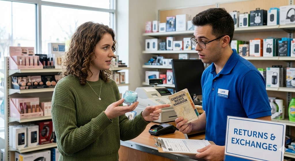 A confident consumer points to a product while discussing a "Consumer Rights Handbook" with a store clerk at a returns counter.