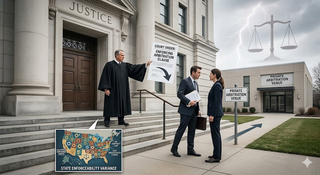 A robed judge redirects a man with documents away from a public courthouse toward a separate, private arbitration venue, while an inset US map highlights differing state enforceability.