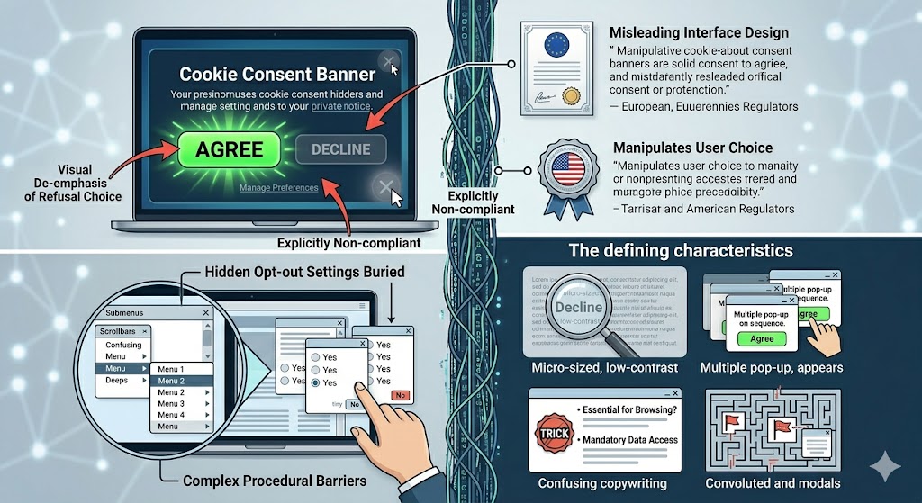 A conceptual infographic illustrating how cookie consent banners can function as manipulative 'dark patterns'
