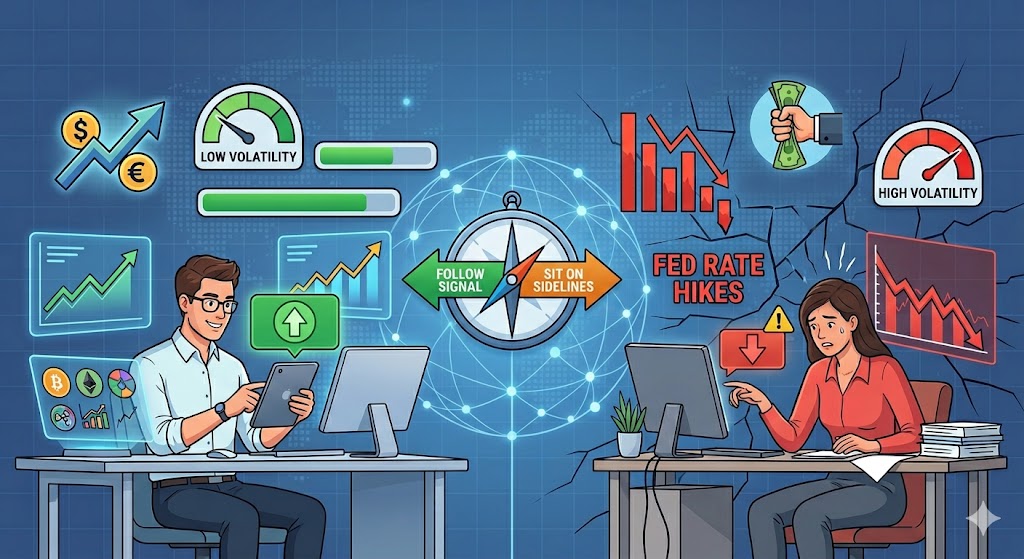 A split infographic comparing a favorable crypto market with strong liquidity and rising charts against an unfavorable market marked by tight liquidity, high volatility, and failing technical signals