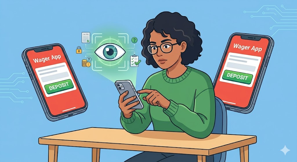 A person sitting at a desk uses a smartphone to run an EyeQ safety check, projecting a holographic eye icon that scans and analyzes mobile wagering apps before making a deposit.
