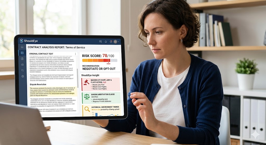 A woman at a desk with a laptop holds up a tablet showing the ShouldEye contract analysis report with distinct flags for legal waivers and a 78/100 risk score.