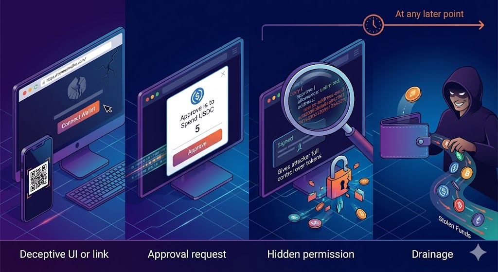 An infographic depicting the four stages of an approval phishing scam: a deceptive UI link, a harmless-looking token approval request, hidden smart contract permissions, and the delayed drainage of crypto assets by a hacker.