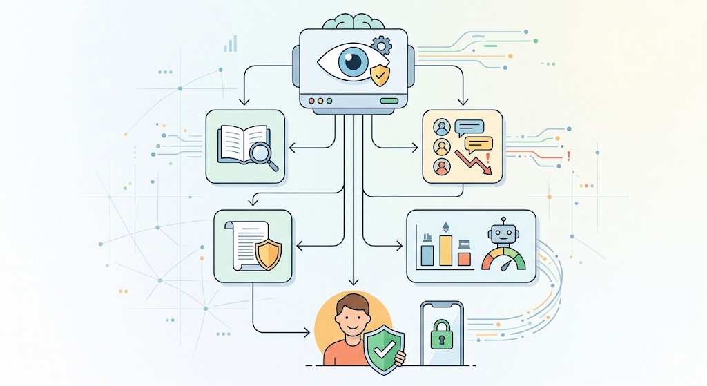 flowchart illustrating how the ShouldEye AI platform analyzes policies, user complaints, fine print, and risk factors to deliver data security insights directly to a user