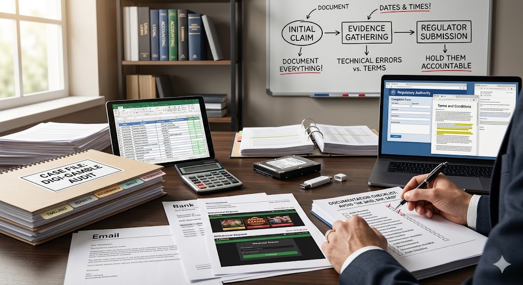 An auditor's desk filled with meticulous paper trails, spreadsheets, and online forms, illustrating the process of gathering airtight evidence against offshore gambling platforms.