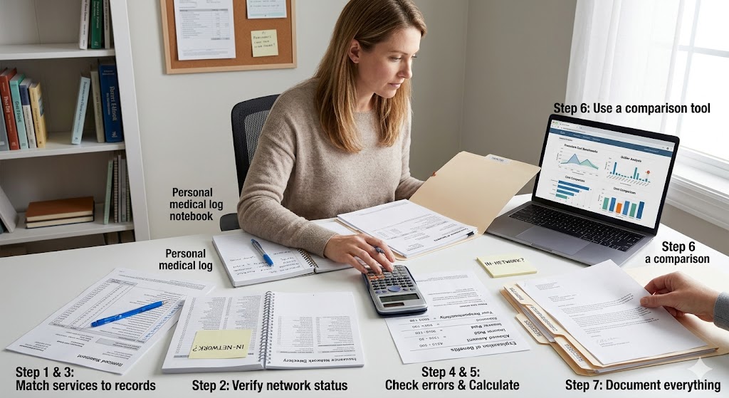 This top-down photograph shows a woman systematically auditing her healthcare bills by comparing an itemized statement, network directories, and an EOB, using a calculator and comparison software to document and verify each charge.