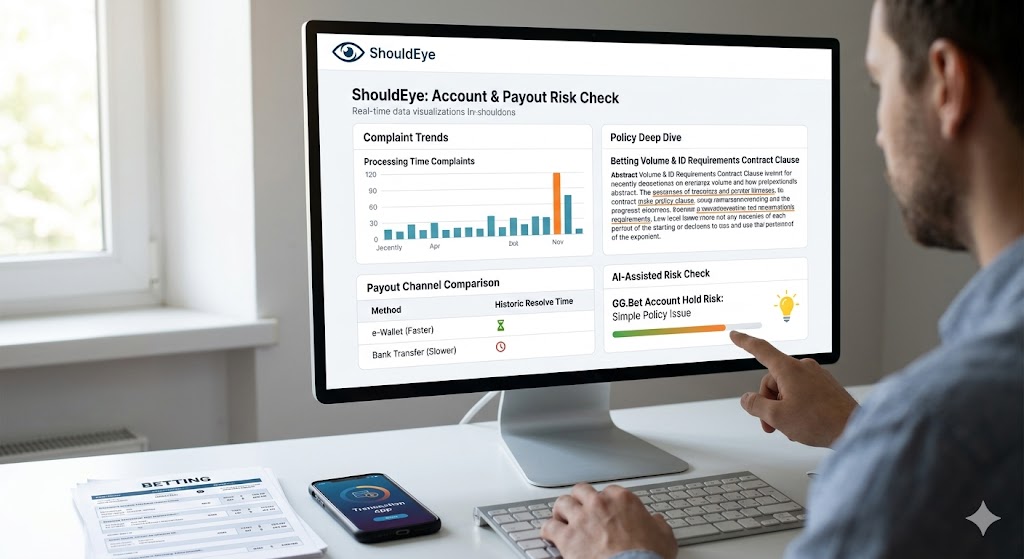 A person sits at a desk in an office, interacting with a computer monitor that displays the "ShouldEye" dashboard for an "Account & Payout Risk Check" concerning a betting account hold.