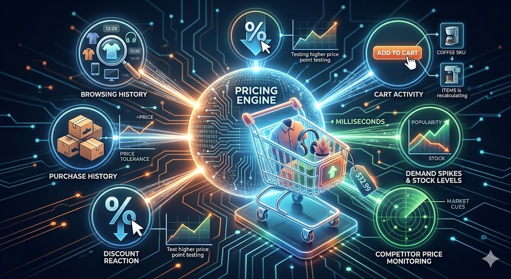 A conceptual diagram illustrating an e-commerce dynamic pricing engine analyzing consumer data inputs like browsing history, cart activity, and stock levels to instantly adjust the prices of items inside a shopping cart.