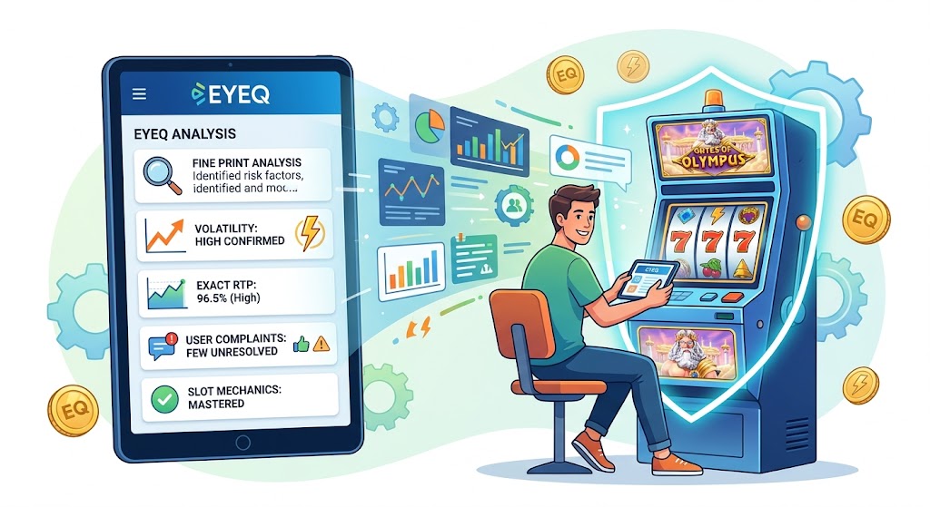 An infographic shows a tablet analyzing "EYEQ" data, which flows into a man using a second device in front of a protected, Greek-themed slot machine.