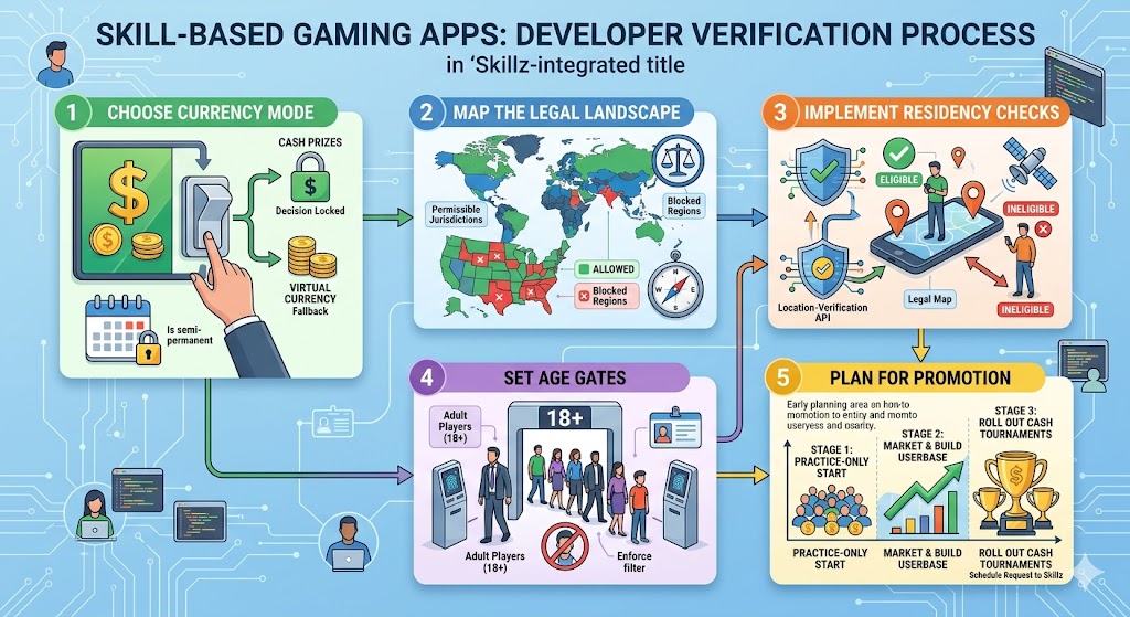 A detailed multi-step diagram outlining the verification process for skill-based gaming apps, illustrating currency selection, legal mapping, residency checks, age gates, and promotion launch plans.