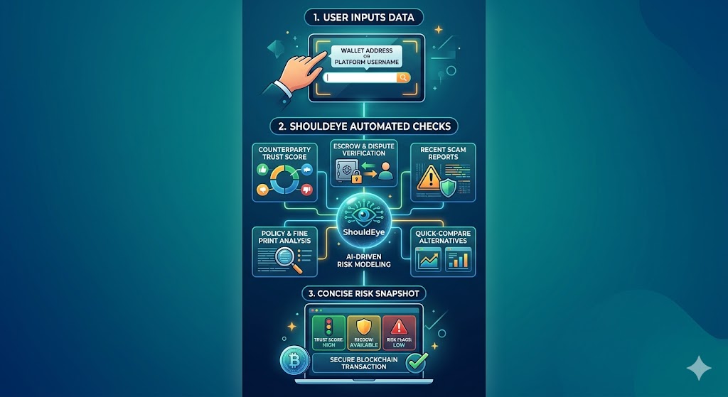 An infographic detailing a three-step process for secure blockchain transactions using 'ShouldEye'