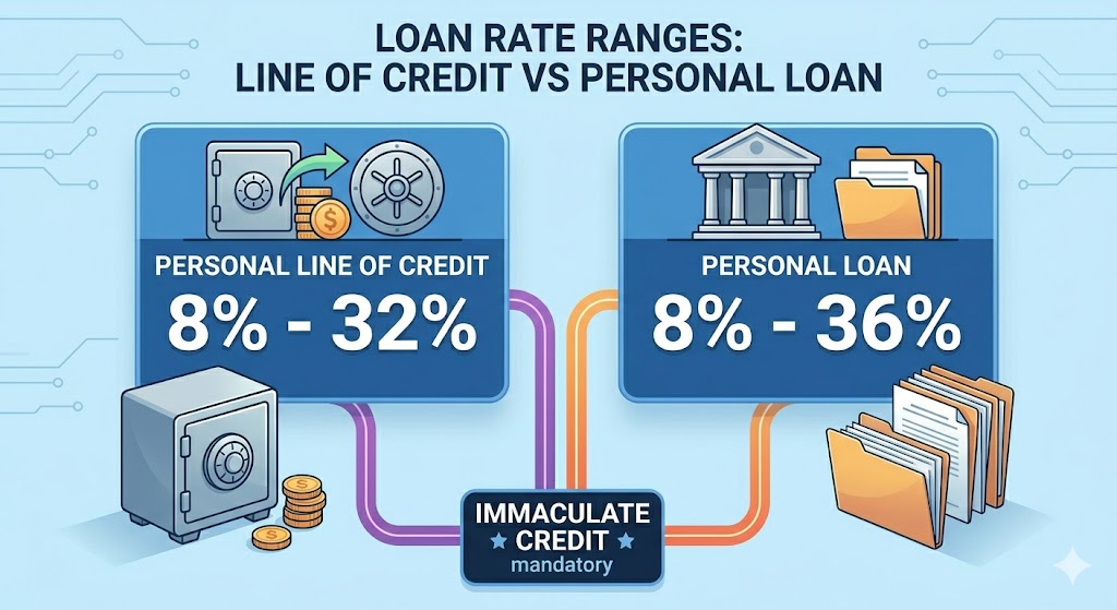 A simple side-by-side comparison diagram showing interest rate ranges for a personal line of credit versus a personal loan