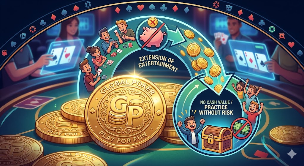 An educational illustration of Global Poker "Gold Coins," highlighting that they are a play-for-fun currency with no cash value, used for risk-free practice in tournaments and social games