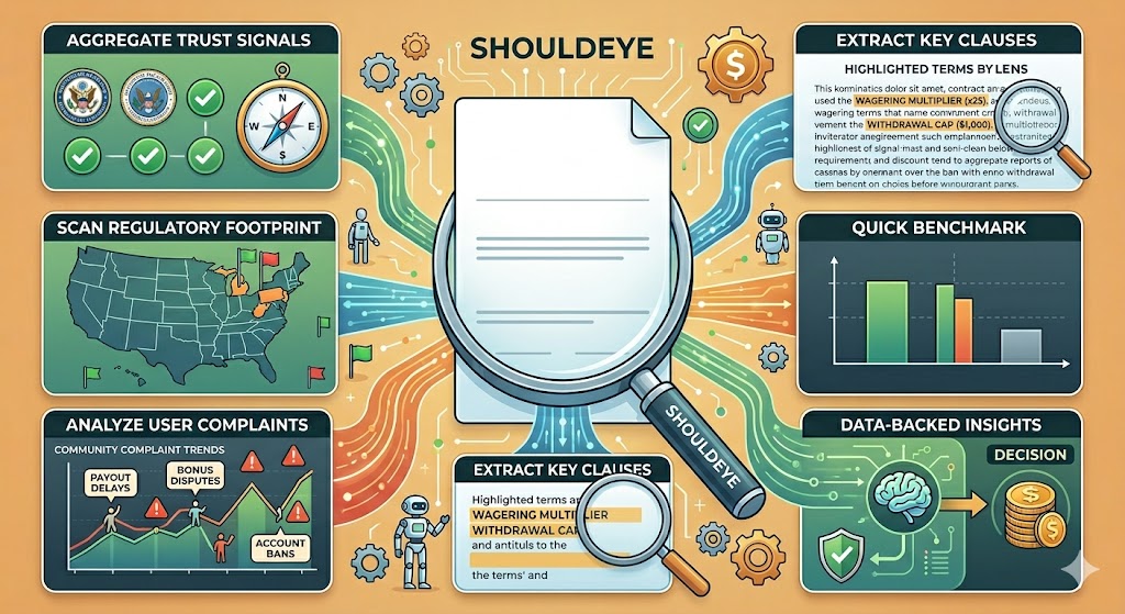 A modern infographic illustrating how ShouldEye helps users verify Caesars Palace Online Casino