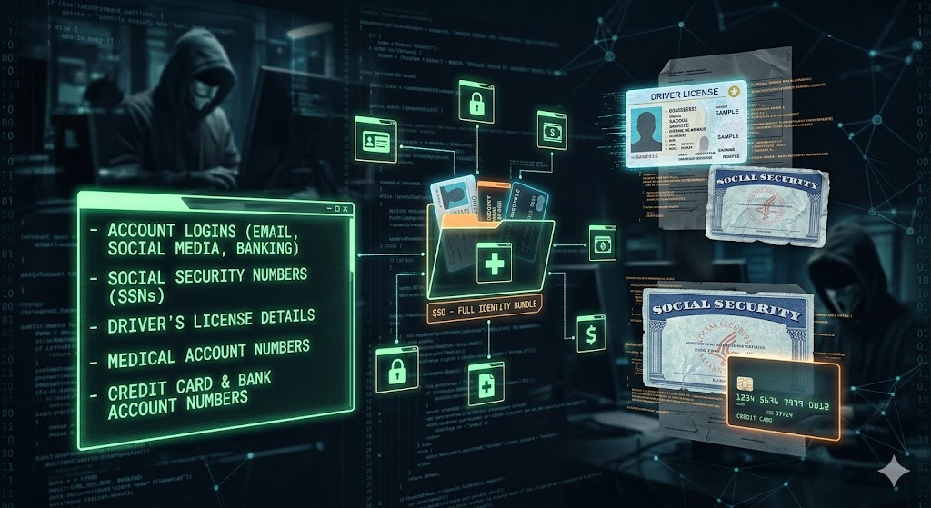 a detailed visualization of the types of stolen data frequently traded on the dark web