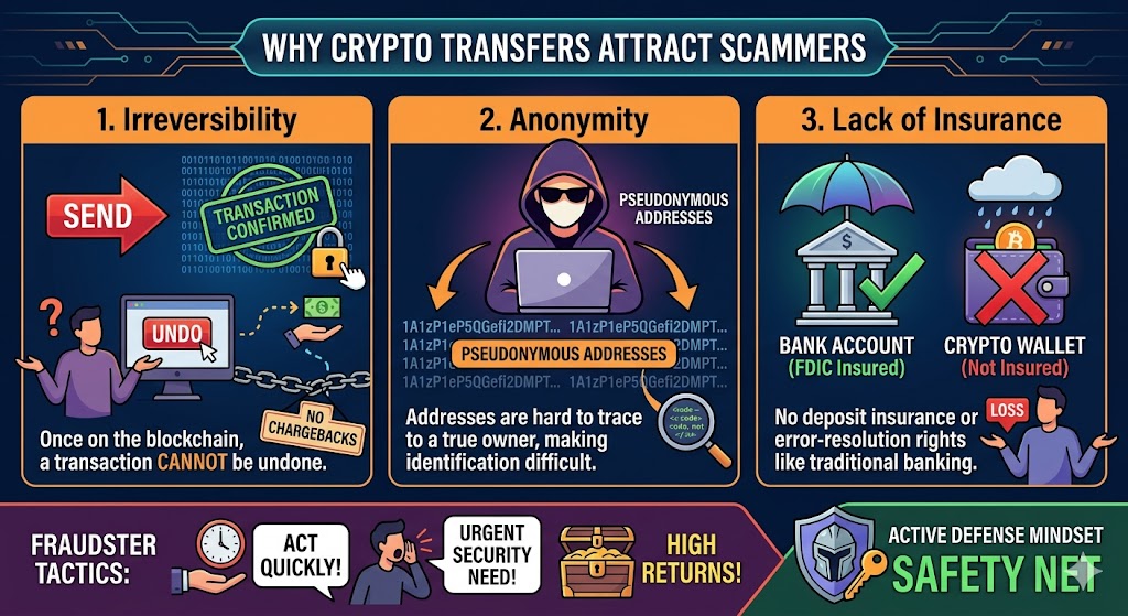 An educational infographic, illustrating the three main risks: transaction irreversibility, anonymity via pseudonymous addresses, and a lack of deposit insurance compared to traditional banks.