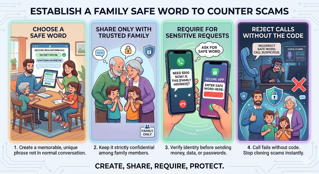 A detailed, four-step infographic illustrating how families can use a confidential safe word, from creative brainstorming and secure sharing to mandatory verification and final call rejection, to stop voice cloning scams and protect personal information.