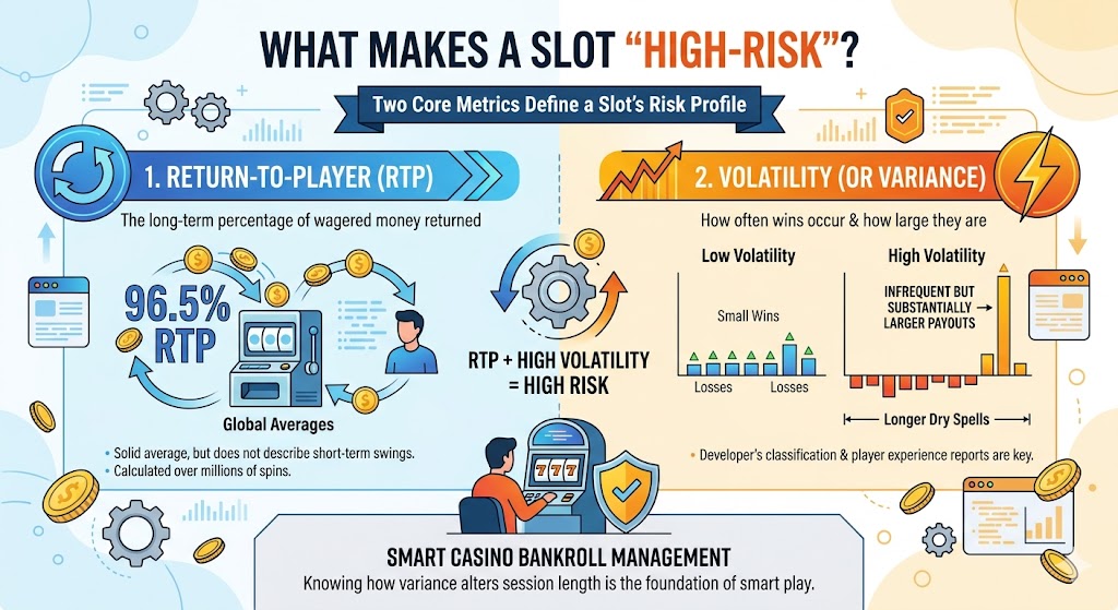 An infographic titled "WHAT MAKES A SLOT 'HIGH-RISK'?" explaining how a slot's risk profile is defined by Return-to-Player (RTP) and Volatility.
