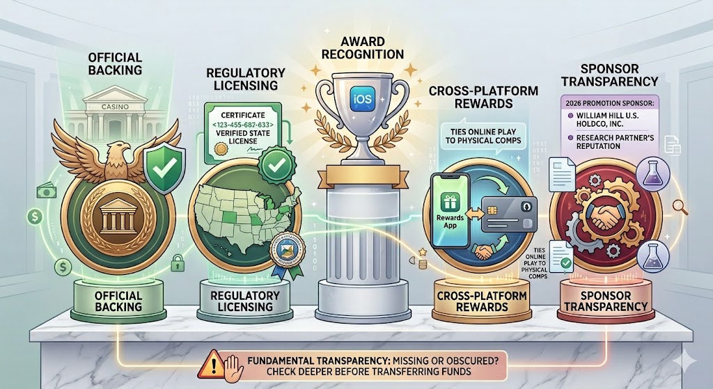 An infographic breaking down the key transparency elements for online wagering platforms, including columns for official backing, state regulatory licensing, industry award recognition, cross-platform rewards, and sponsor transparency.