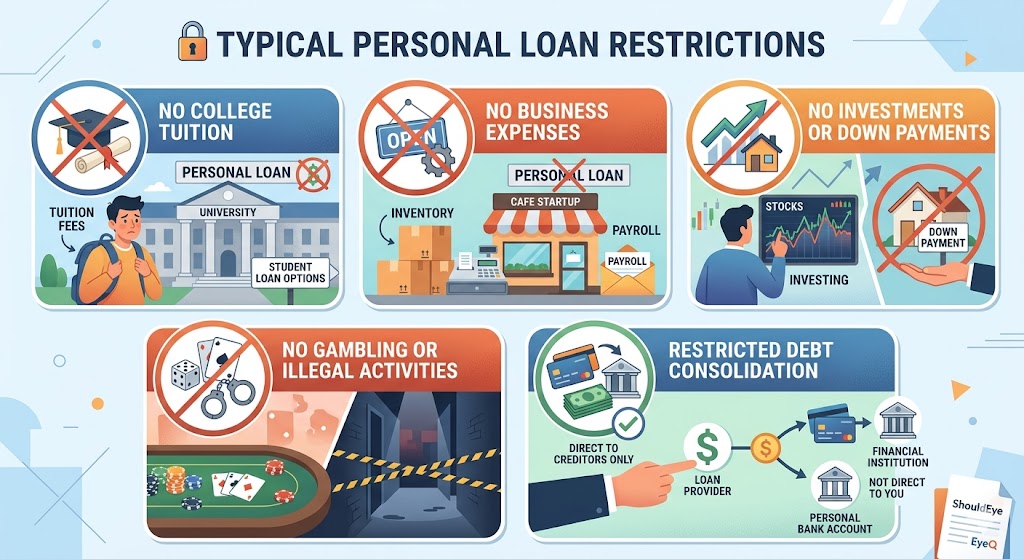 An infographic detailing typical personal loan restrictions, showcasing visual blocks for prohibited uses like college tuition, business expenses, investments, gambling, and restricted direct-to-creditor debt consolidation