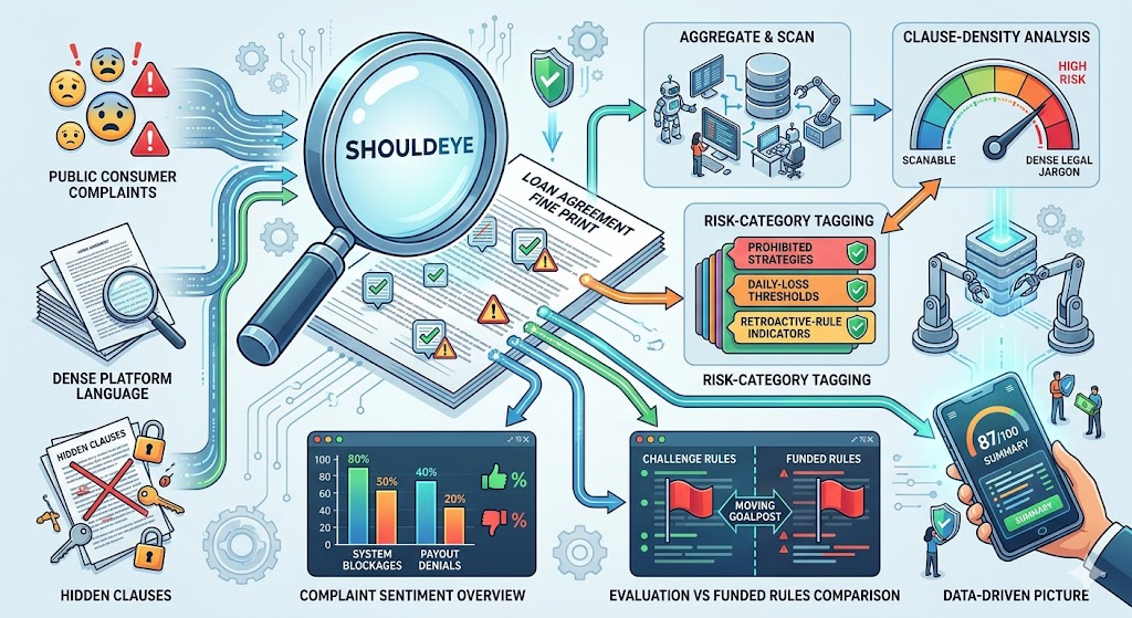A detailed infographic illustrating the ShouldEye platform's multi-step analysis process for auditing financial agreements