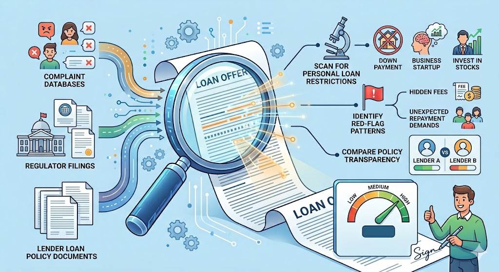 An infographic illustrating the digital loan analysis process, where a magnifying glass examines a document while data flows in from various sources to generate a high-confidence risk score.