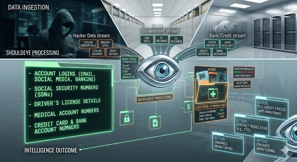 An infographic showing the ShouldEye system aggregating dark web data, government records, and credit streams into a central dashboard that provides a risk score and actionable next steps.