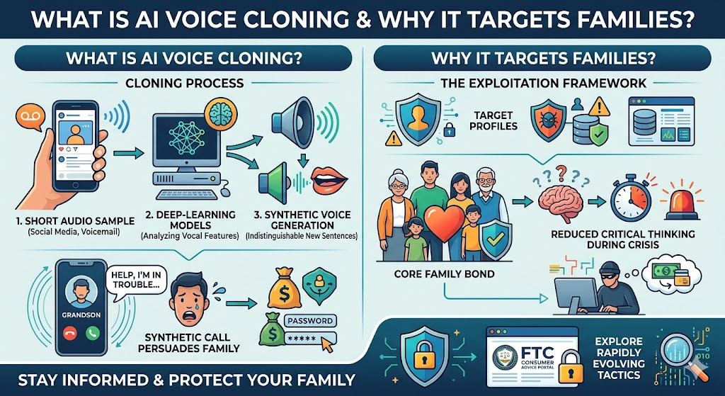 An infographic titled "WHAT IS AI VOICE CLONING & WHY IT TARGETS FAMILIES?" that illustrates the cloning process