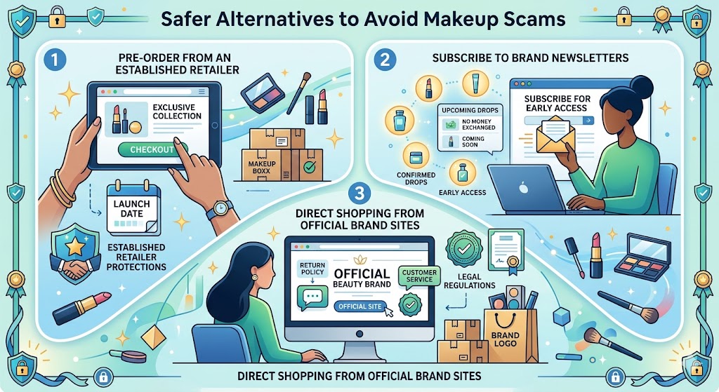 An infographic titled "Safer Alternatives to Avoid Makeup Scams," illustrating three secure shopping methods