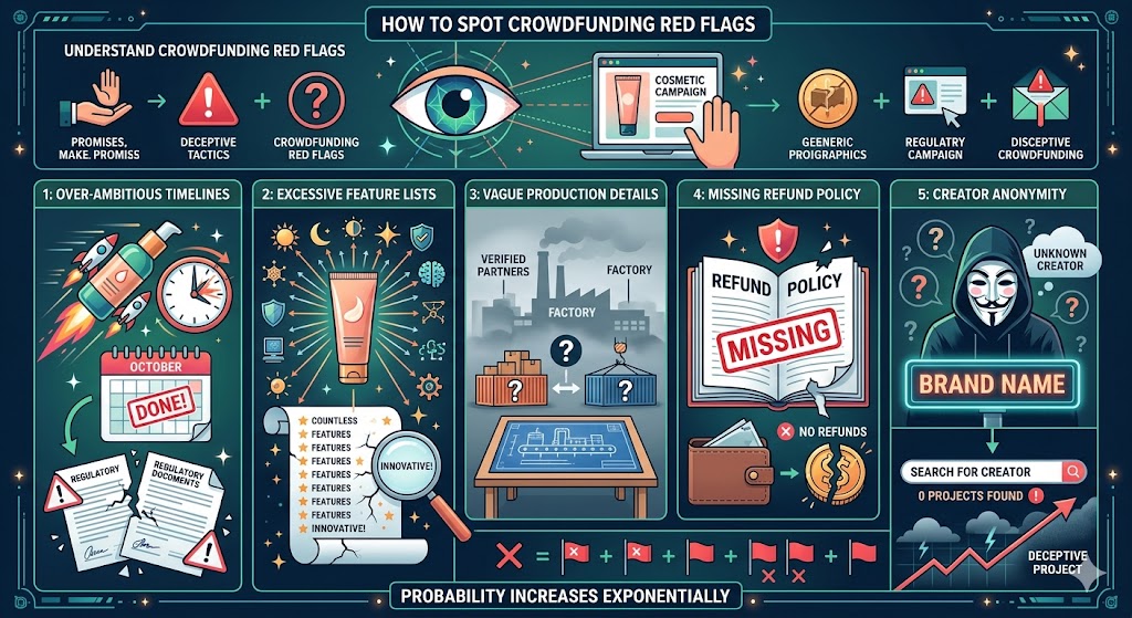 An educational infographic titled 'HOW TO SPOT CROWDFUNDING RED FLAGS' detailing five common warning signs in beauty product campaigns and how their cumulative presence indicates a deceptive project