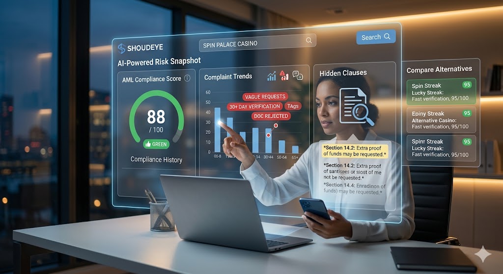 A woman uses a modern AI interface showing a dashboard for checking a casino's compliance, complaint trends, hidden clauses, and competitor alternatives.