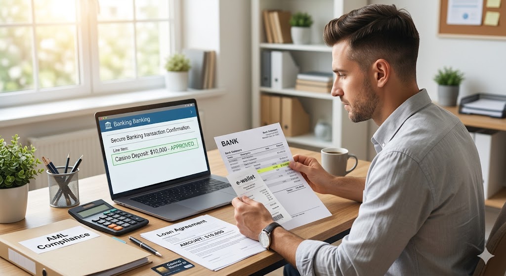A person at a desk reviewing a bank statement and loan agreement for a confirmed casino deposit.