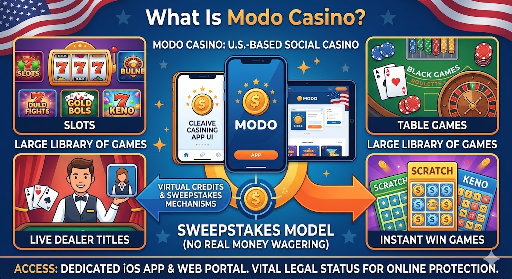 An educational infographic illustrating the features of Modo Casino as a U.S.-based social casino