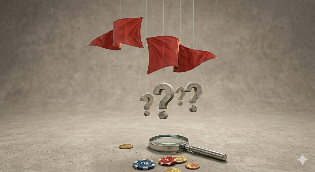 A minimalist composition featuring realistic red flags and concrete question marks suspended above a magnifying glass and scattered casino chips against a neutral, textured gray studio background.
