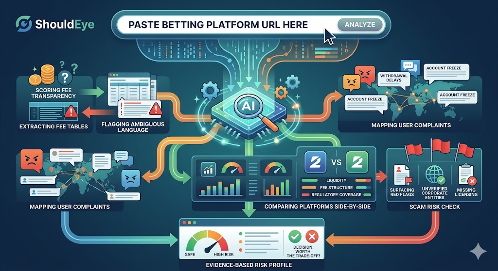 An intuitive user-interface infographic of the ShouldEye dashboard showing how pasting a betting platform's URL triggers automated AI scans for fee transparency, user complaints, side-by-side platform comparisons, and scam risks