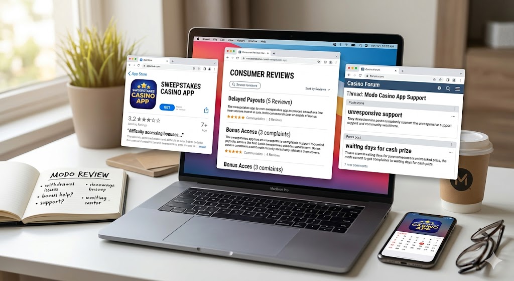 A modern desk setup showing a laptop screen with multiple open browser windows displaying consumer reviews