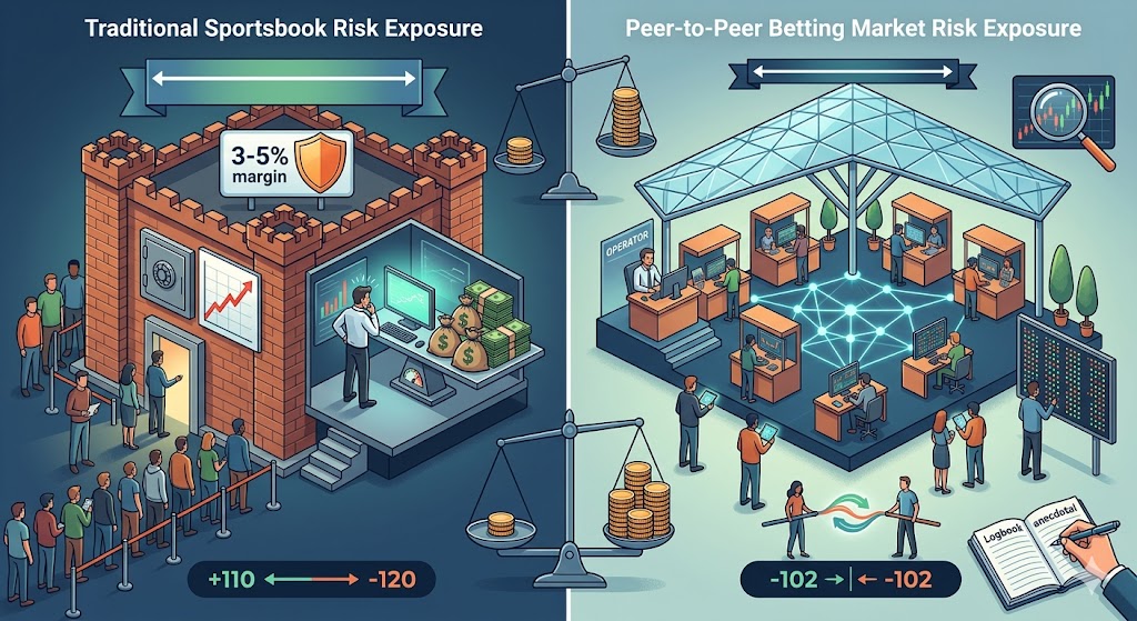 A split-screen illustration contrasting a traditional sportsbook's fortified castle design and wider margin gap with an open, interconnected peer-to-peer betting market offering tighter trading spreads.